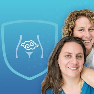 Two TCM Teachers, Anat Tzachar & Miriam Raich, on a blue background, with a symbol of for the uterus.