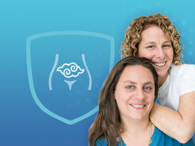 Two TCM Teachers, Anat Tzachar & Miriam Raich, on a blue background, with a symbol of for the uterus.